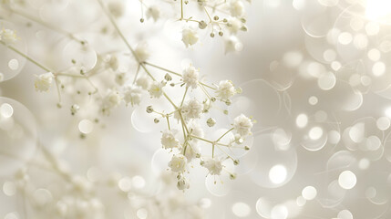 Soft focus blur White gypsophila flower on blur beige gray horizontal long background : Generative AI