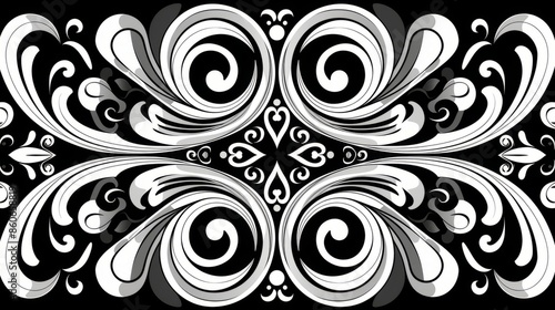 Symmetrical black and white floral pattern