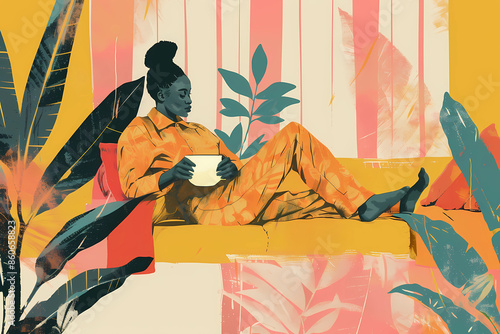 Illustration of a girl in morning relaxation. Good enough lifestyle. Girl resting