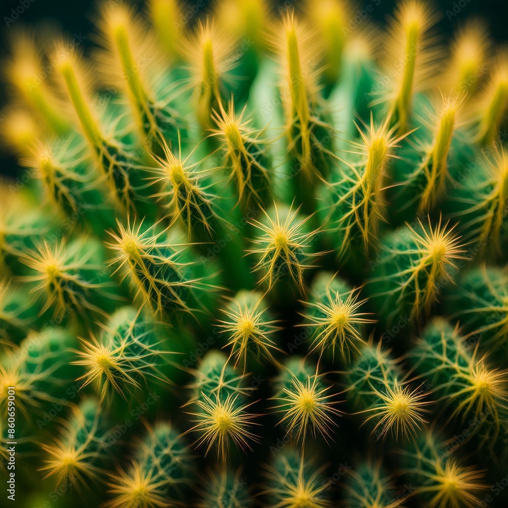 Close up of green cactus with yellow needles in botanical garden Close up of green cactus with yellow needles in botanical garden