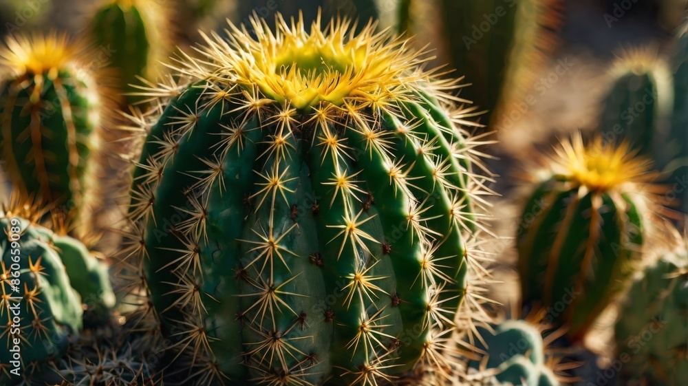 Close up of green cactus with yellow needles in botanical garden Close up of green cactus with yellow needles in botanical garden
