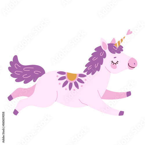 Cute lavender magical unicorn. Romantic magical, sleeping unicorn Hand drawn flat style isolated for Greeting card, poster, print, t-shirt, party concept, kids books, wallpapers. Vector illustration