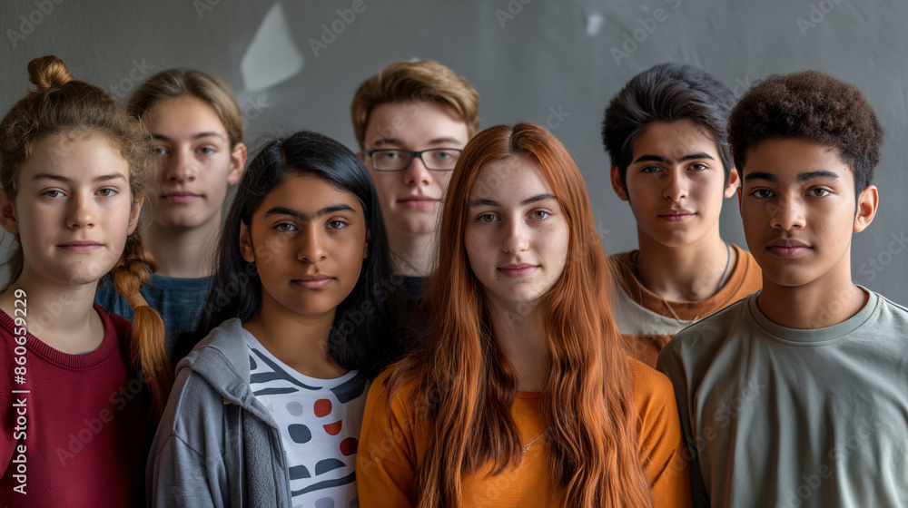 A diverse group of teenagers poses together, each expressing unique individuality...Portrait of a multiethnic group of teenagers showcasing unity and diversity in a modern setting A diverse group of teenagers poses together, each expressing unique individuality...Portrait of a multiethnic group of teenagers showcasing unity and diversity in a modern setting