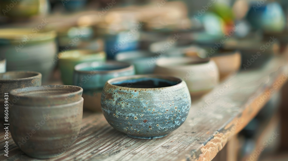 Assorted handmade pottery bowls on wooden shelf, with focus speckled blue bowl Assorted handmade pottery bowls on wooden shelf, with focus speckled blue bowl