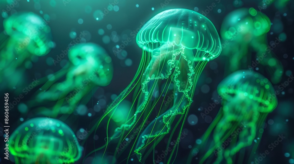Naklejka premium Glowing jellyfish in the dark ocean