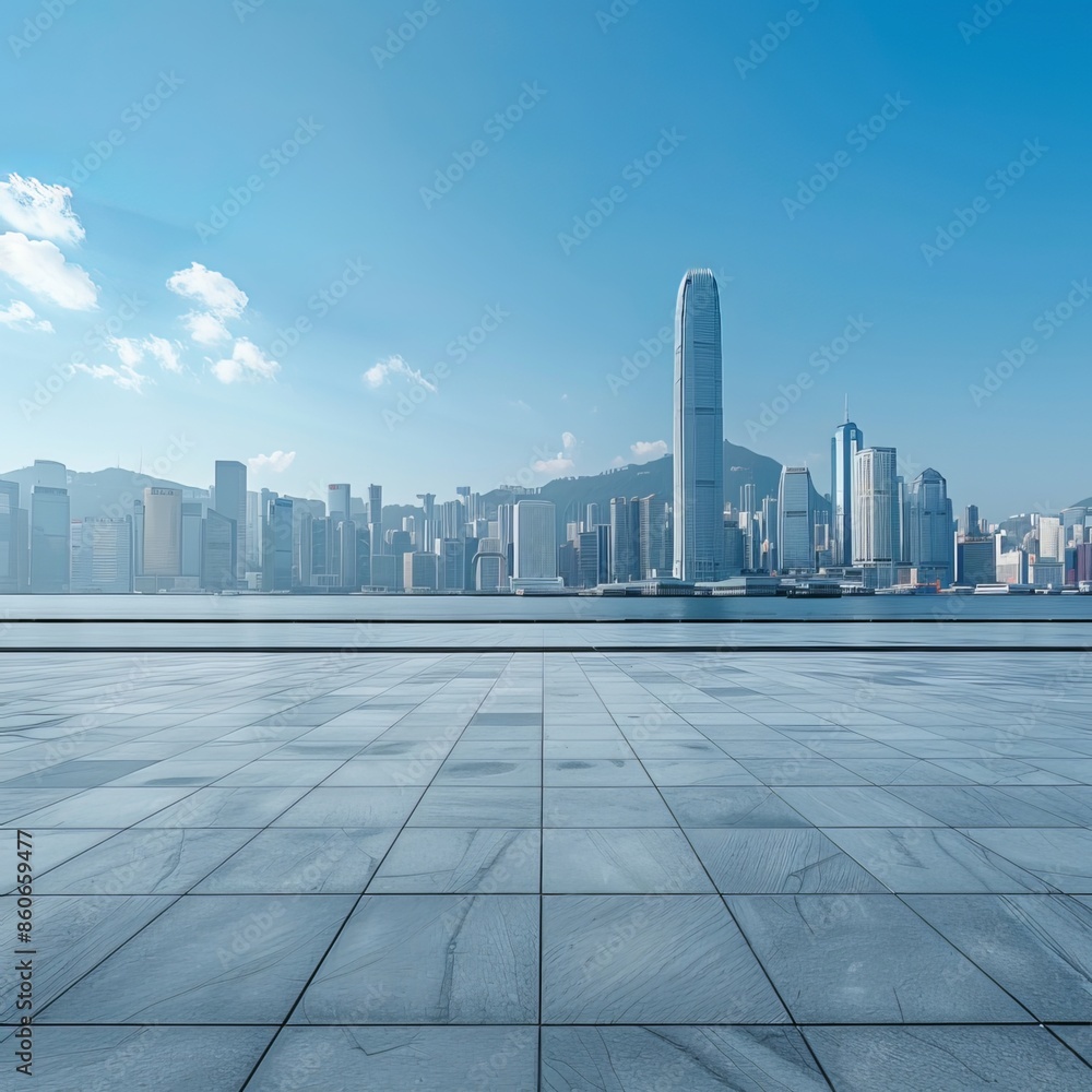 An empty square floor with a city skyline and modern buildings beneath a blue sky. Generative AI An empty square floor with a city skyline and modern buildings beneath a blue sky. Generative AI