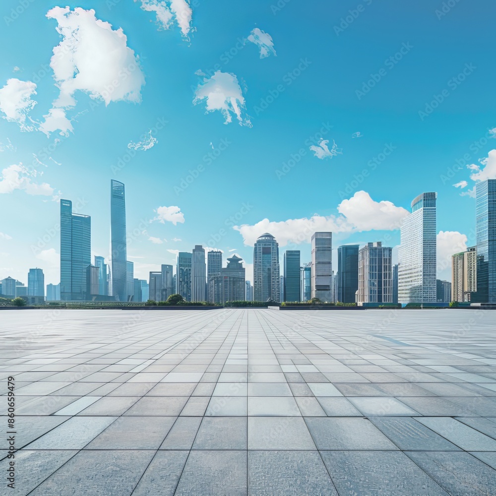 An empty square floor with a city skyline and modern buildings beneath a blue sky. Generative AI An empty square floor with a city skyline and modern buildings beneath a blue sky. Generative AI