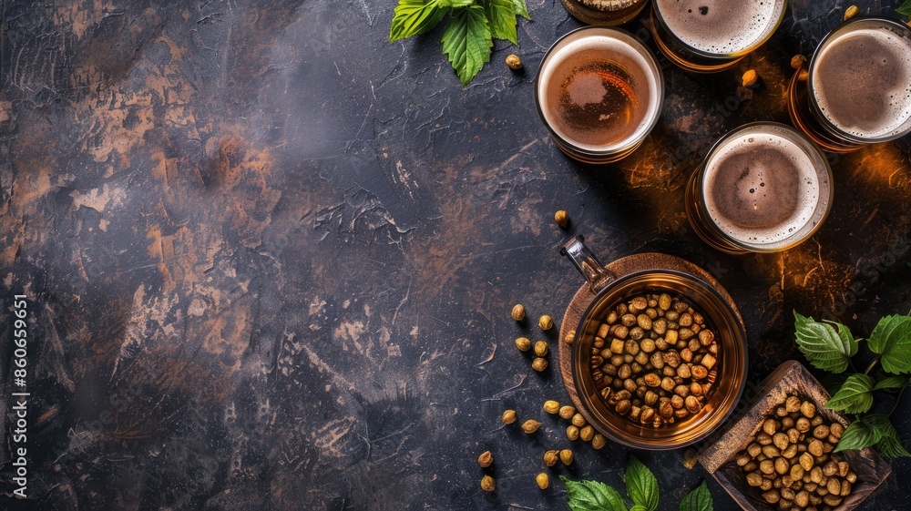 Assorted beers and peanuts on dark, rustic table with fresh hops leaves Assorted beers and peanuts on dark, rustic table with fresh hops leaves
