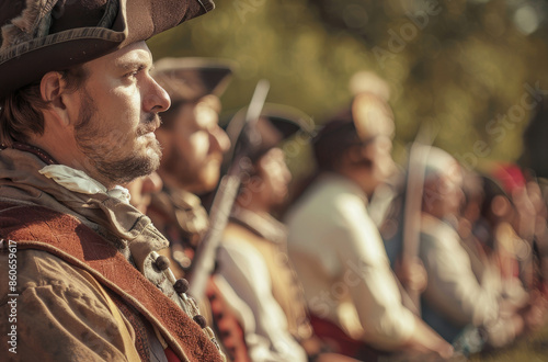 Historical reenactment with men in period costumes photo