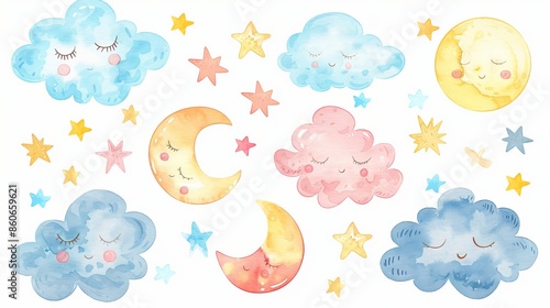 Watercolor clouds, sun, moon, and stars in rainbow colors. Vector nursery elements in pastel colors.