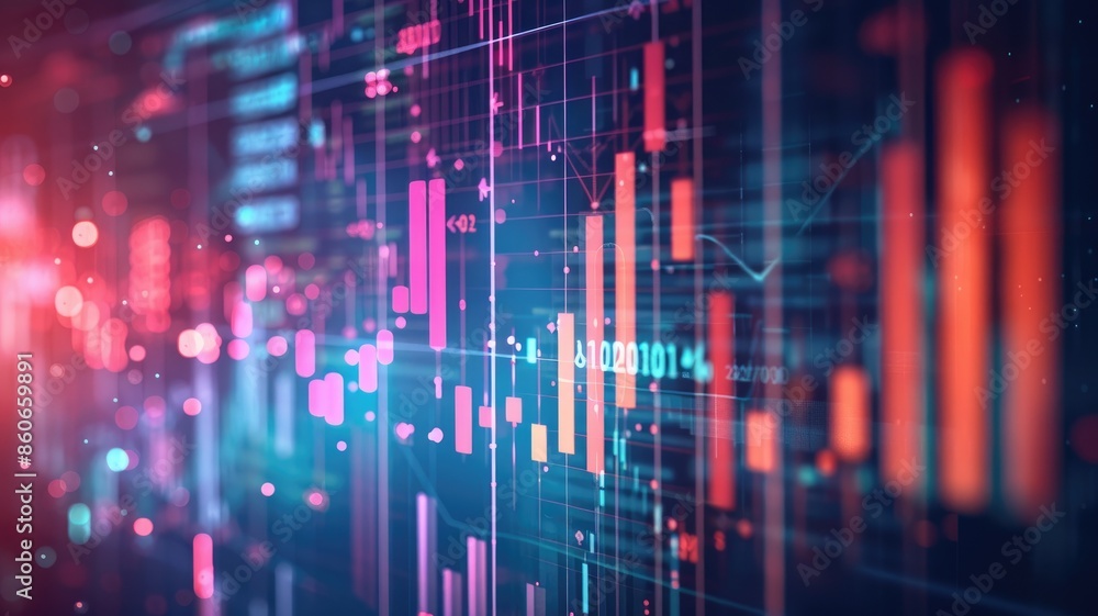 Abstract glowing financial chart with upward trend lines and overlay of digital data on dark background Abstract glowing financial chart with upward trend lines and overlay of digital data on dark background