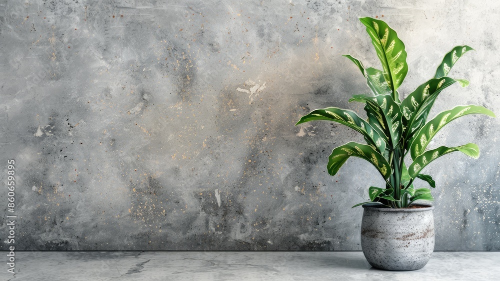 Green potted plant against textured gray wall on concrete surface Green potted plant against textured gray wall on concrete surface