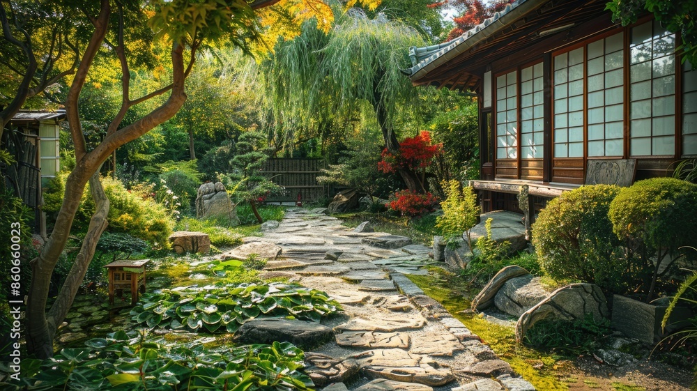 Traditional Japanese garden with teahouse, stone path, and lush vegetation Traditional Japanese garden with teahouse, stone path, and lush vegetation