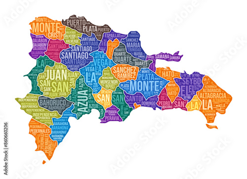 Dominican Republic shape. Country word cloud with region division. Dominican Republic colored illustration. Region names cloud. Vector illustration.