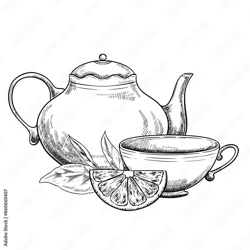 Teapot and cup vintage vector sketch drawing