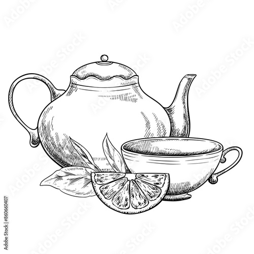 Obraz na płótnie Teapot and cup vintage vector sketch drawing w salonie