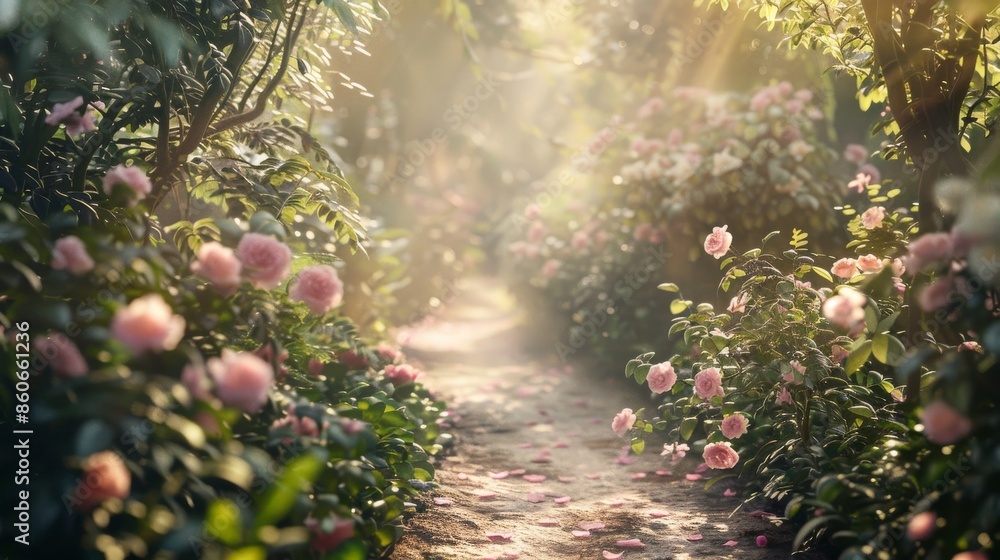 Fototapeta premium An ethereal scene of a garden path surrounded by soft-focus plants and flowers, evoking a dreamy and tranquil atmosphere, perfect for romance novels or wedding invitations