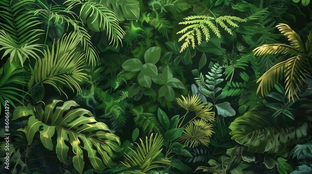 Fototapeta premium A vibrant and dense tropical rainforest scene featuring a diverse array of foliage. Generative AI