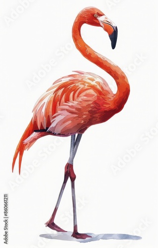 Pink Flamingo Standing on One Leg Against a White Background