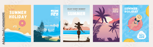 Summer sale cover brochure set in trendy flat design. Summertime banner templates with exotic ocean beach, yacht swimming, woman in swimsuit at resort, palm trees in sunset. Vector illustration.