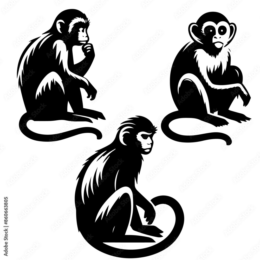 Monkey silhouette set black and white Monkey silhouette set black and white