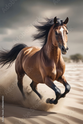 Beautiful horse galloping on sandy terrain in motion blur. © elena_hramowa