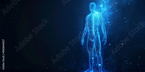 Sci-Fi Inspired Human Body Hologram A futuristic 3D hologram of a human body glowing with neon blue light dark background 