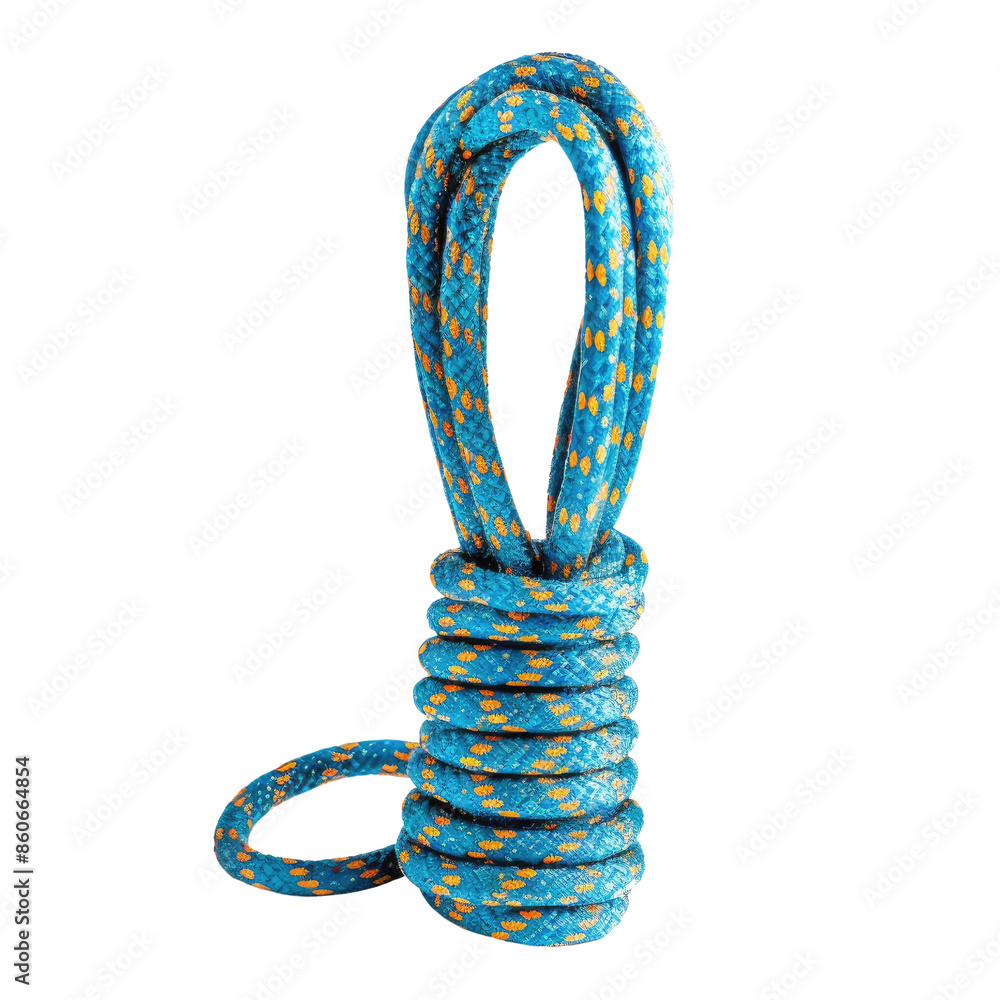 Coiled blue and yellow climbing rope isolated on white background ...