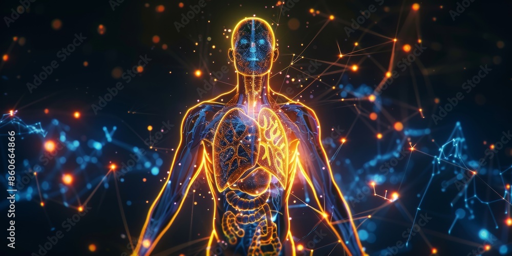 3D Hologram of Human Body with Circulatory System A detailed 3D hologram showing the human circulatory system glowing with neon light dark background 3D Hologram of Human Body with Circulatory System A detailed 3D hologram showing the human circulatory system glowing with neon light dark background