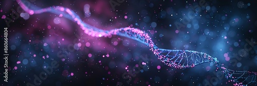 Abstract DNA double helix in blue and pink colors on a dark background with bokeh lights, a futuristic technology concept. MRNA