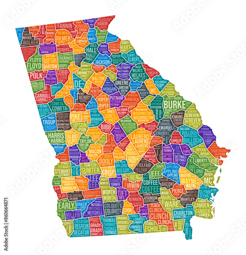 Georgia shape. State word cloud with county division. Georgia colored illustration. County names cloud. Vector illustration.