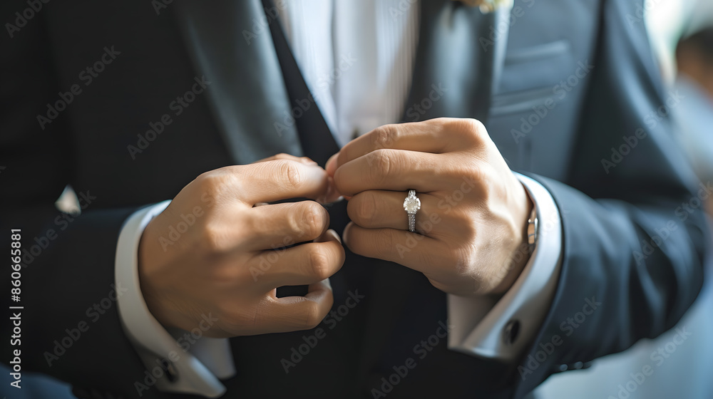 Obraz premium Groom man ring and happy for wedding celebration or commitment to relationship thinking or pride Person metal jewelry and tuxedo suit for marriage smile and hands at event party or rec : Generative AI