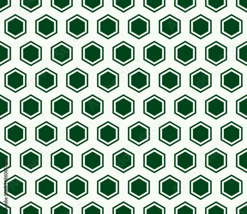 Honeycomb hexagon cells background. Dark Green color on matching background. Hexagon bold mosaic cell with padding and inner solid cells. Hexagonal cells. Seamless pattern.