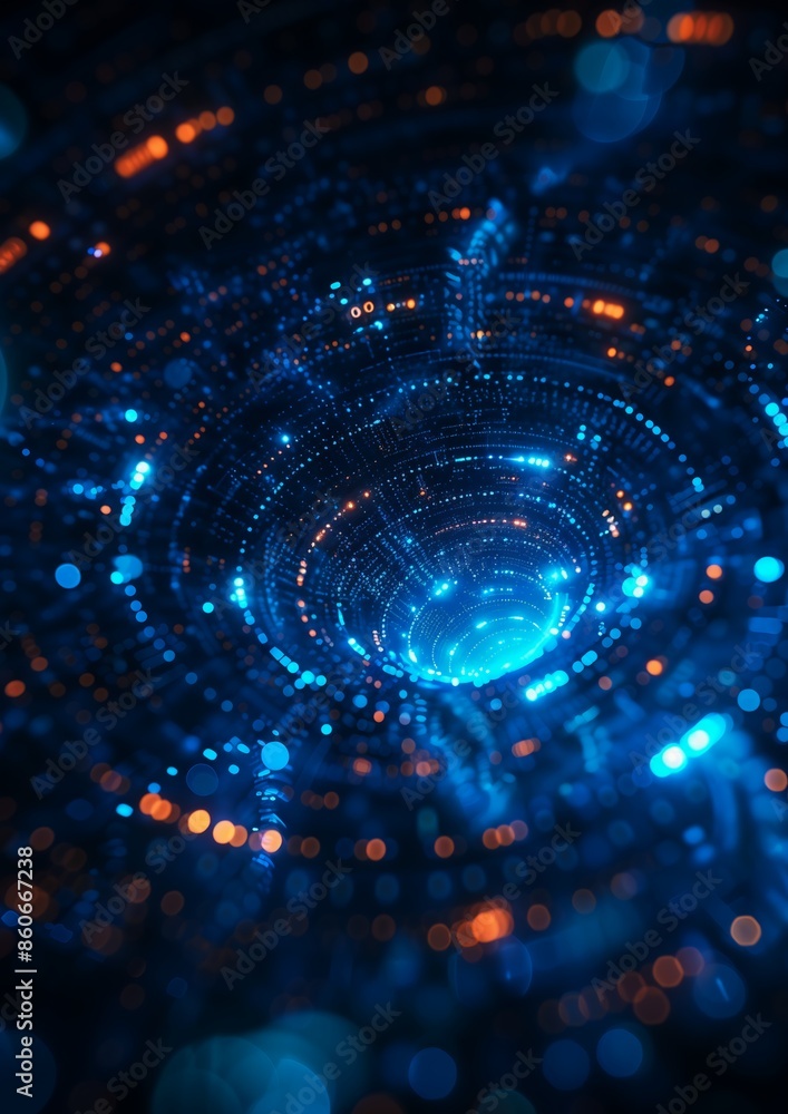 Obraz premium closeup spiral blue lights flares transhuman translucent microchip production volume