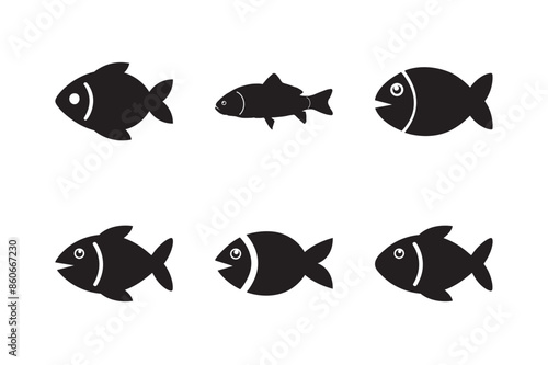 Fish icon set isolated on white background. Fish silhouette logos, emblems, badges and labels.