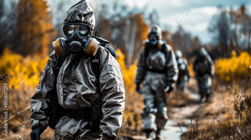 A man in a hazmat suit is walking through a field with other people in hazmat suits