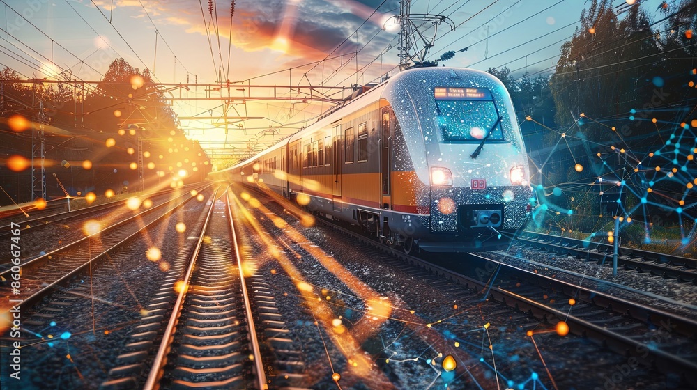 A sleek train traveling on railway tracks at sunset, surrounded by abstract light effects and interconnecting lines, symbolizing modern technology and connectivity. A sleek train traveling on railway tracks at sunset, surrounded by abstract light effects and interconnecting lines, symbolizing modern technology and connectivity.