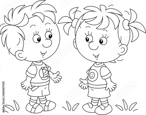 Little girl and boy in summer clothes friendly talking on a playground in a park, black and white vector cartoon illustration for a coloring book
