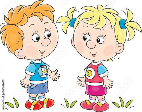 Little girl and boy in summer clothes friendly talking on a playground in a park, vector cartoon illustration on a white background