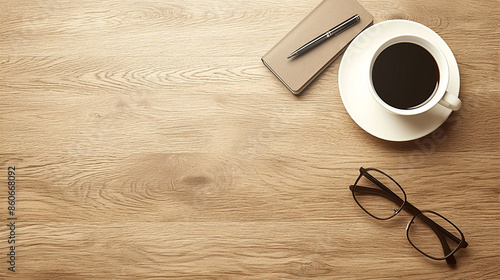 Coffee, notebook, and glasses on wooden table