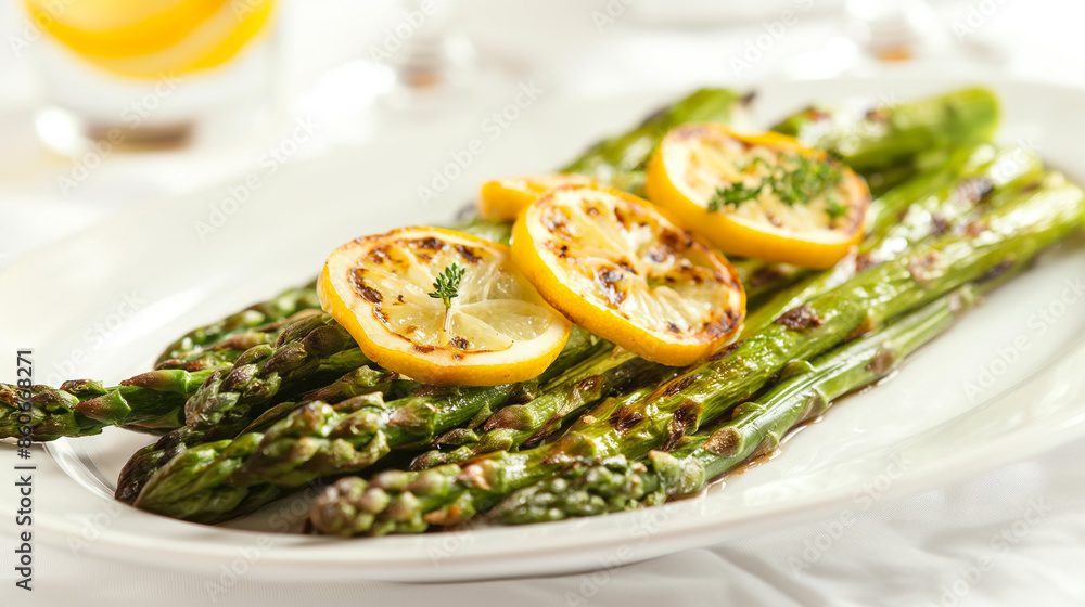 Asparagus, grilled asparagus with lemon slices on a white plate, elegant dining setting, natural daylight, vibrant and appetizing mood, neatly arranged presentation, casual tableware Asparagus, grilled asparagus with lemon slices on a white plate, elegant dining setting, natural daylight, vibrant and appetizing mood, neatly arranged presentation, casual tableware