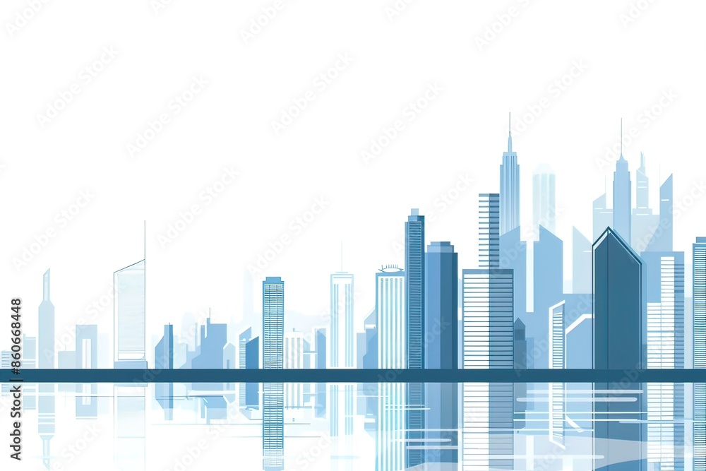 Futuristic City Skyline in Soft Blue Tones with Misty Effects. Minimalist and Abstract Architectural Design of Modern Skyscrapers Blending into a Bright White Background, Representing Urban Developmen Futuristic City Skyline in Soft Blue Tones with Misty Effects. Minimalist and Abstract Architectural Design of Modern Skyscrapers Blending into a Bright White Background, Representing Urban Developmen