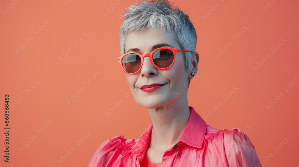 A stylish woman with short gray hair and bright orange sunglasses poses confidently against an orange background A stylish woman with short gray hair and bright orange sunglasses poses confidently against an orange background
