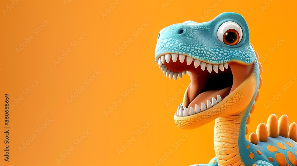 Obraz premium Cute and funny cartoon dinosaur with big eyes and toothy smile. Perfect for kids' book illustrations, game characters, or website mascots.