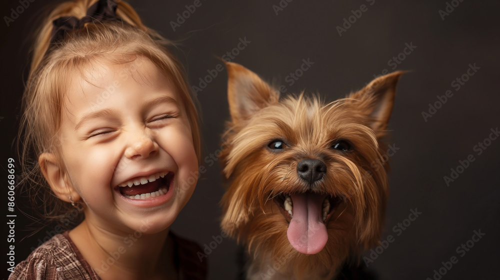 Girl and her dog share a hearty laugh against a dark backdrop. The delightful laughter of a child and her Yorkshire Terrier Girl and her dog share a hearty laugh against a dark backdrop. The delightful laughter of a child and her Yorkshire Terrier