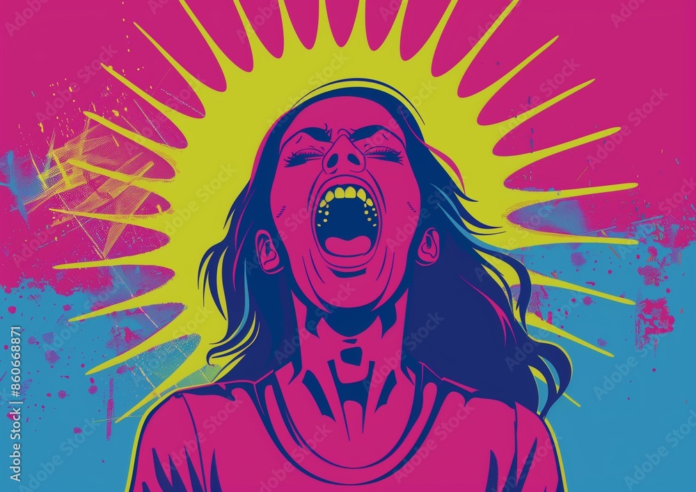 Vibrant Pop Art Illustration of a Screaming Woman with Radiant Colors Vibrant Pop Art Illustration of a Screaming Woman with Radiant Colors