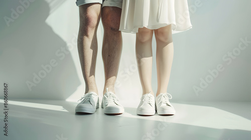 Hipster couple standing together wearing white sneakers Wedding in sneakers love Soft focus tehnic wedding style clothes : Generative AI photo