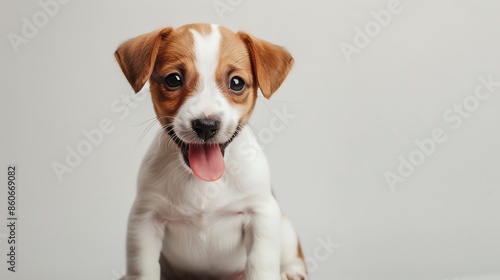 A cute, happy puppy with brown and white fur is sitting on a white background.