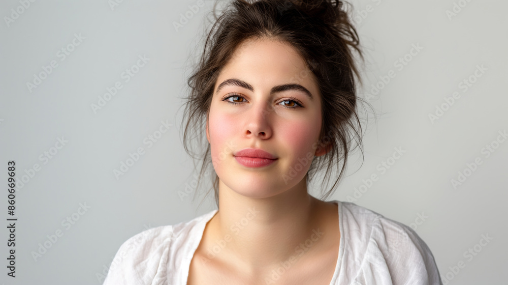 A young woman with a natural look and a soft expression poses against a plain white background. The portrait highlights her natural beauty with soft lighting, creating a minimalist and serene image A young woman with a natural look and a soft expression poses against a plain white background. The portrait highlights her natural beauty with soft lighting, creating a minimalist and serene image
