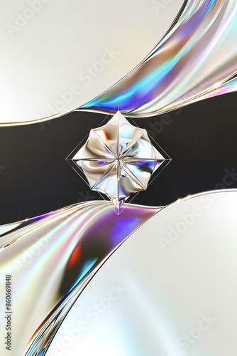 Abstract Geometric Design with Shiny Crystal Element and Fluid Metallic Waves. Elegant Reflections and Light Play in a Futuristic, Minimalistic Composition with High Contrast and Smooth Curves.